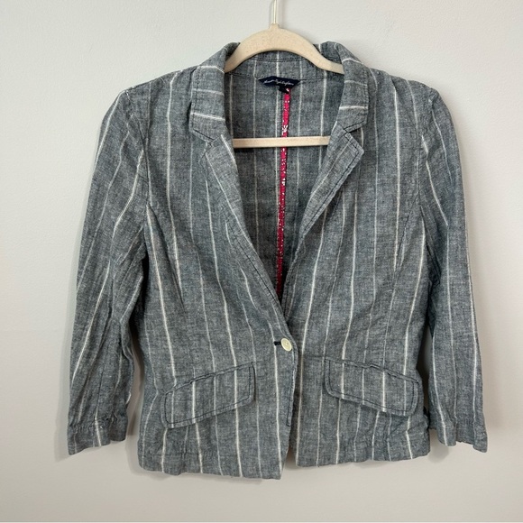 American Eagle Outfitters Gray White Pinstripe Linen Blend Blazer Women’s Medium - Picture 1 of 6